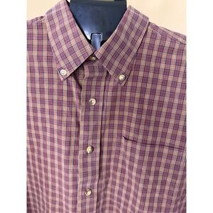 LL Bean Mens Large Regular Short Sleeve Plaid Button Down Shirt Burgundy Cotton